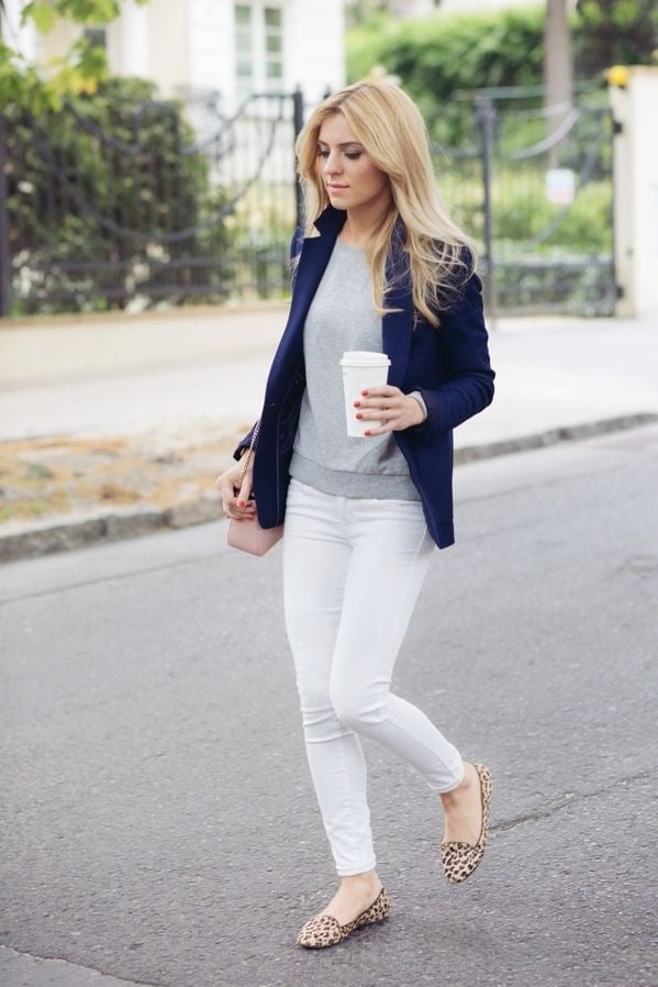 Navy Blazer Over Gray Sweater and White Skinny Jeans Navy Blazer Over Gray Sweater and White Skinny Jeans — Work Outfits