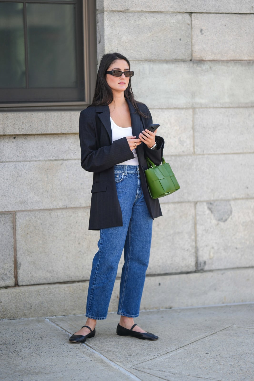 Pinstripe Blazer With Blue Straight-Leg Jeans Pinstripe Blazer With Blue Straight-Leg Jeans — Work Outfits
