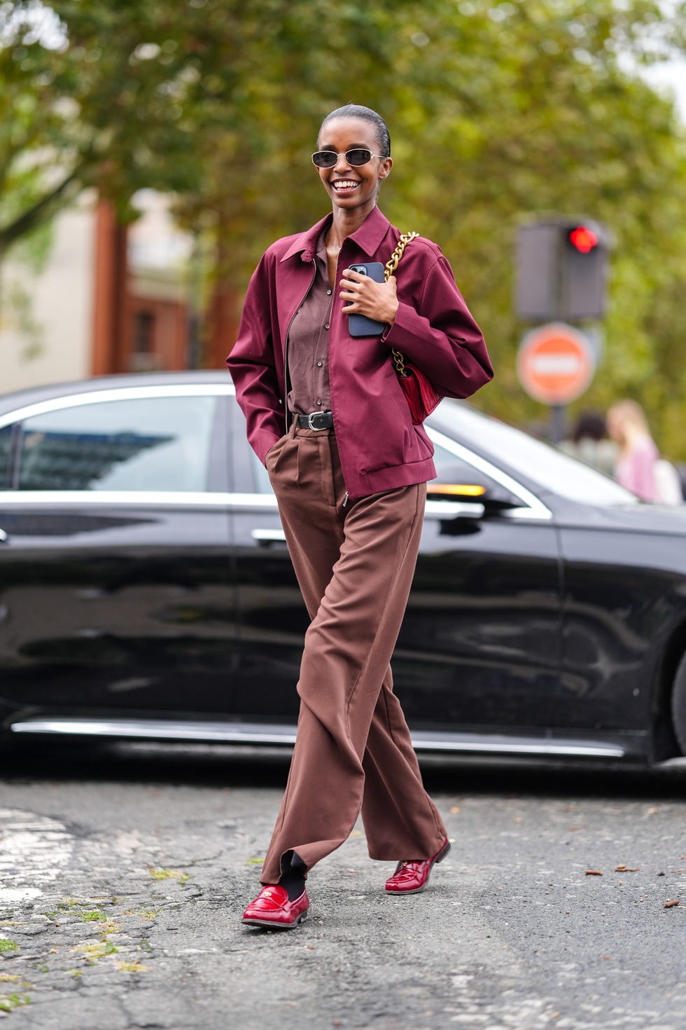 Burgundy Bomber Jacket Over Brown Shirt and Trousers Burgundy Bomber Jacket Over Brown Shirt and Trousers — Work Outfits