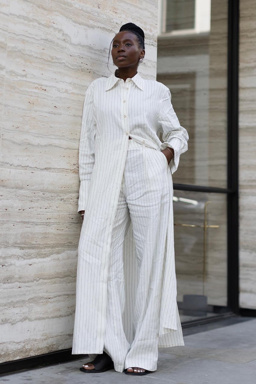 White and Blue Pinstripe Shirt With Wide-Leg Trousers, Close-Up Take White and Blue Pinstripe Shirt With Wide-Leg Trousers, Close-Up Take — Work Outfits