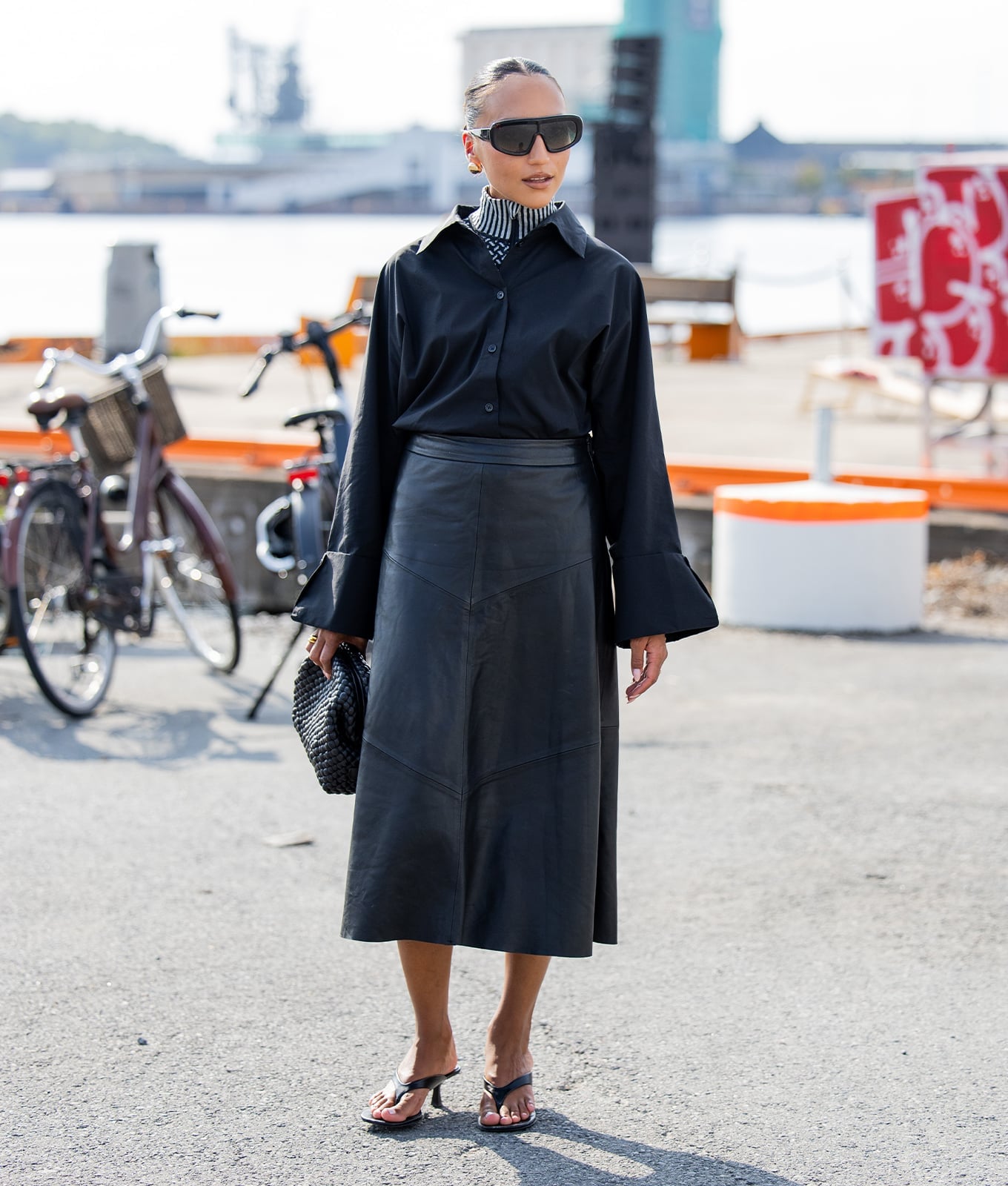 Black Oversized Shirt With Leather Midi Skirt Black Oversized Shirt With Leather Midi Skirt — Work Outfits
