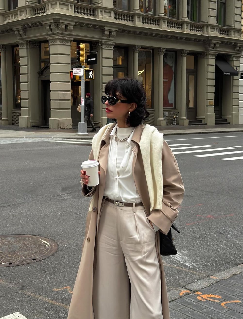 Beige Trench Coat Over White Shirt and Cream Trousers Beige Trench Coat Over White Shirt and Cream Trousers — Work Outfits