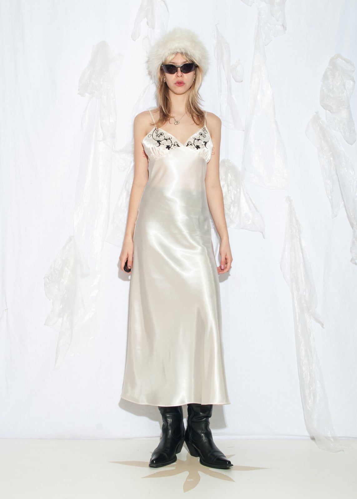 Beige satin slip maxi dress with embroidery Beige satin slip maxi dress with embroidery — Y2K Dress