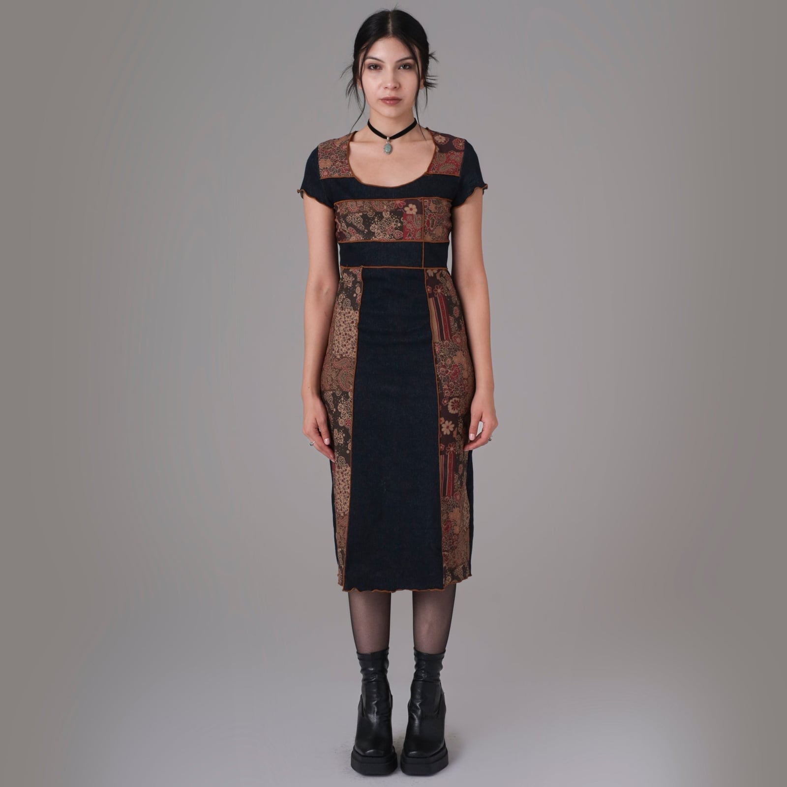 Navy patchwork print midi dress, Black Ankle Boots Navy patchwork print midi dress, Black Ankle Boots — Y2K Dress