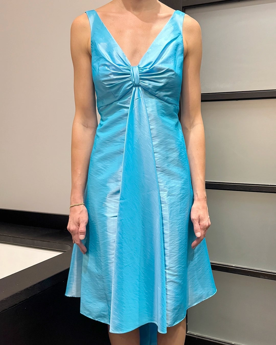 Bright blue shimmering A-line dress with bow Bright blue shimmering A-line dress with bow — Y2K Dress