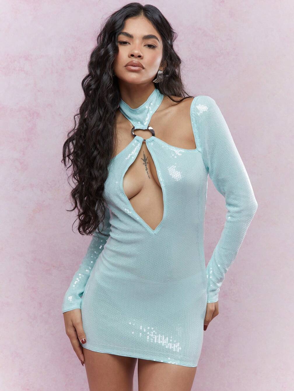 Light blue sequin halter dress with chest cutout Light blue sequin halter dress with chest cutout — Y2K Dress