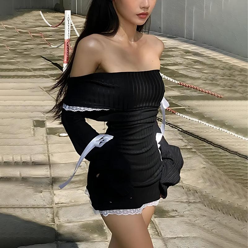 Black ribbed knit off-shoulder mini dress Black ribbed knit off-shoulder mini dress — Y2K Dress