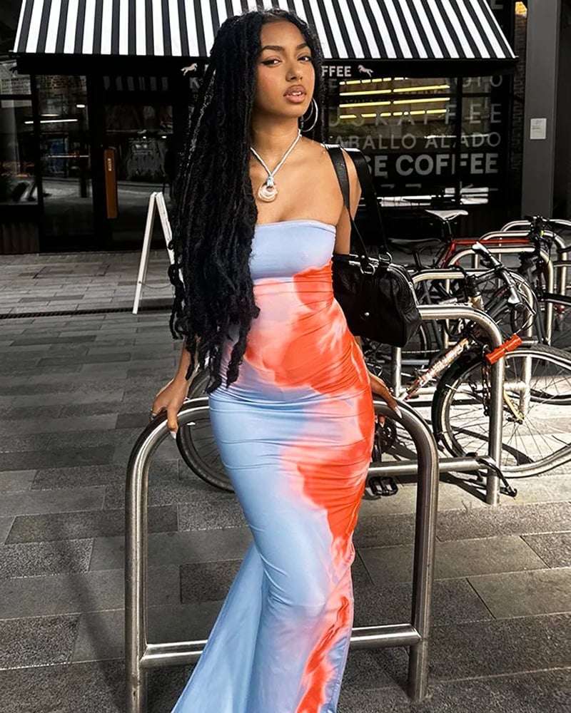 Strapless tie-dye mesh maxi dress Strapless tie-dye mesh maxi dress — Y2K Dress