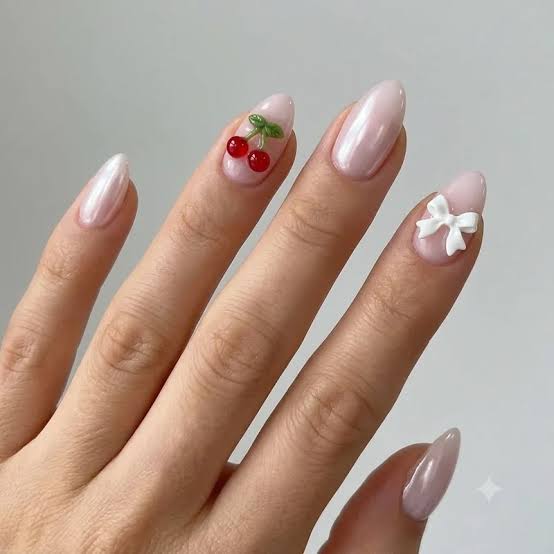 Pearlescent Nude 3D Cherry Bow Nails Pearlescent Nude 3D Cherry Bow Nails — Y2K Nails