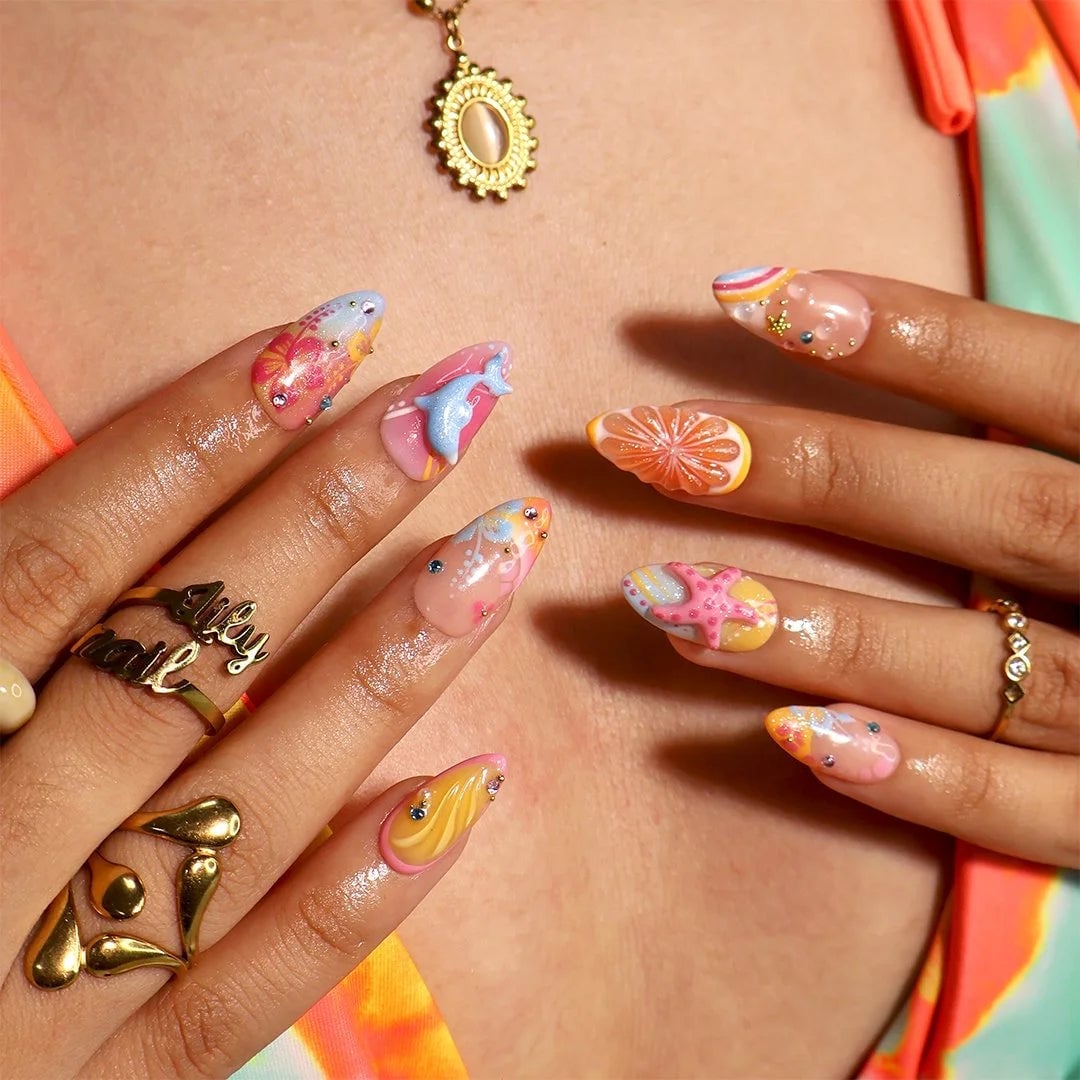 Long Almond Y2K Fruit Star Nails Long Almond Y2K Fruit Star Nails — Y2K Nails