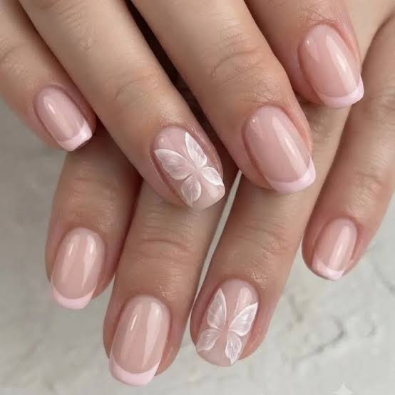 Short Almond Pink French Butterfly Nails Short Almond Pink French Butterfly Nails — Y2K Nails