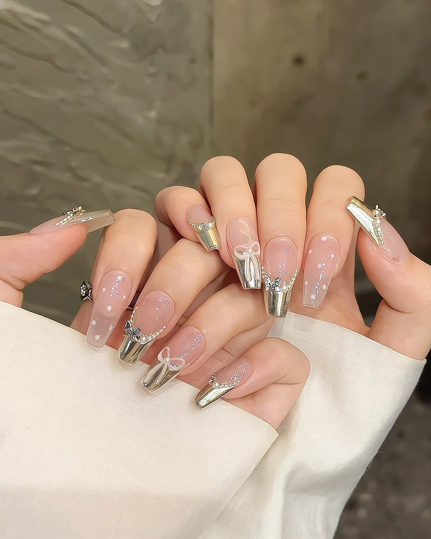 Long Coffin White Dot Silver Bow Nails Long Coffin White Dot Silver Bow Nails — Y2K Nails