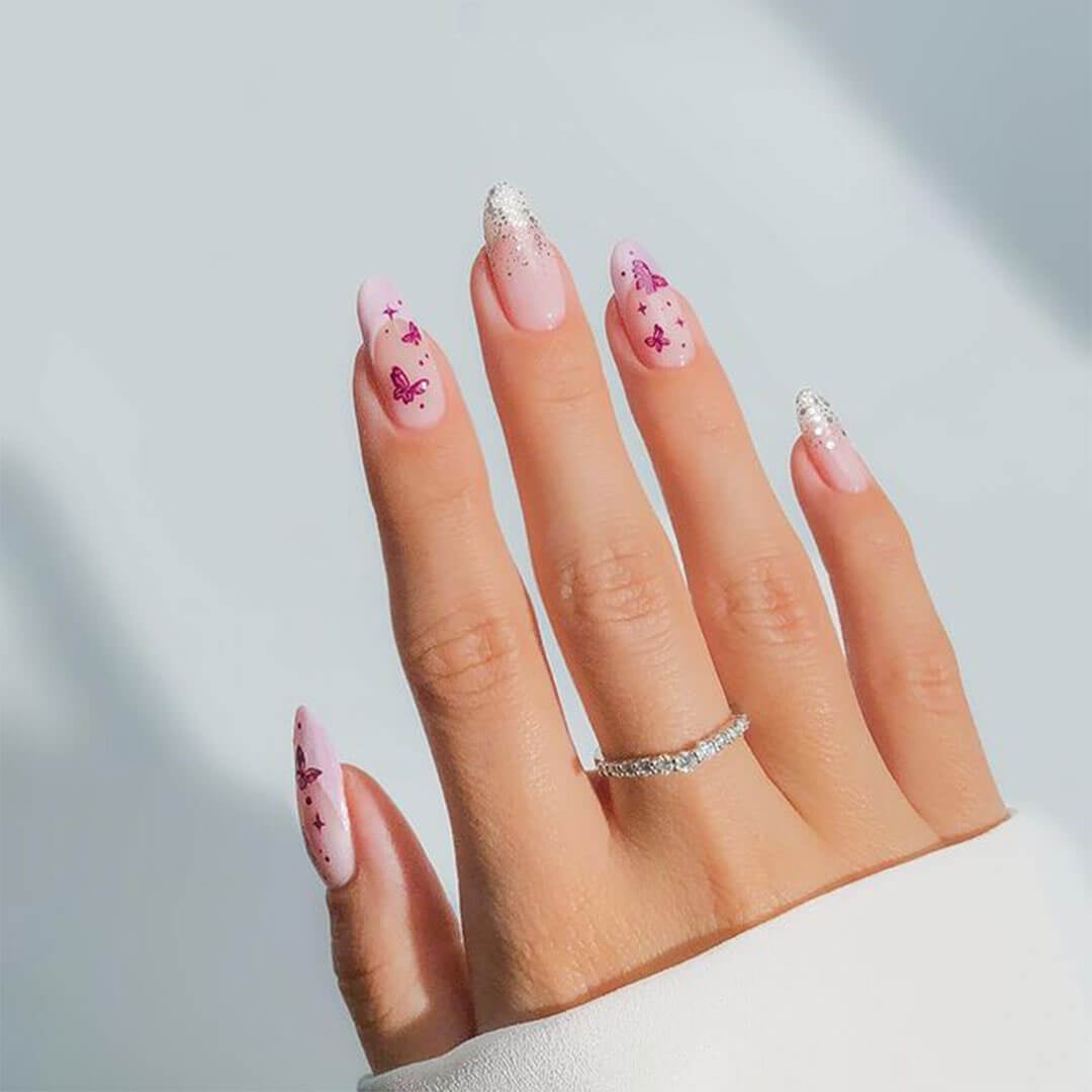 Sheer Pink Butterfly Almond Nails Sheer Pink Butterfly Almond Nails — Y2K Nails