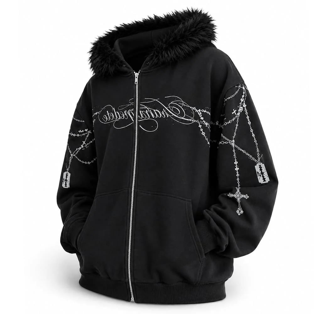 Oversized zip-up hoodie with graphic print, Office-Safe Version Oversized zip-up hoodie with graphic print, Office-Safe Version — Y2K Outfits 2000s