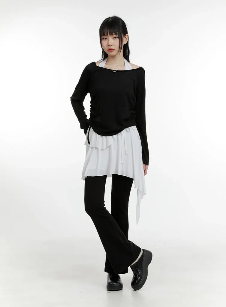 Layered long-sleeve top with ruffled chiffon, Office-Safe Version Layered long-sleeve top with ruffled chiffon, Office-Safe Version — Y2K Outfits 2000s