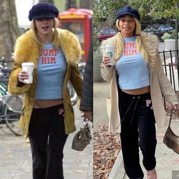 Graphic t-shirt with yellow fur-trimmed jacket and velour pants Graphic t-shirt with yellow fur-trimmed jacket and velour pants — Y2K Outfits 2000s