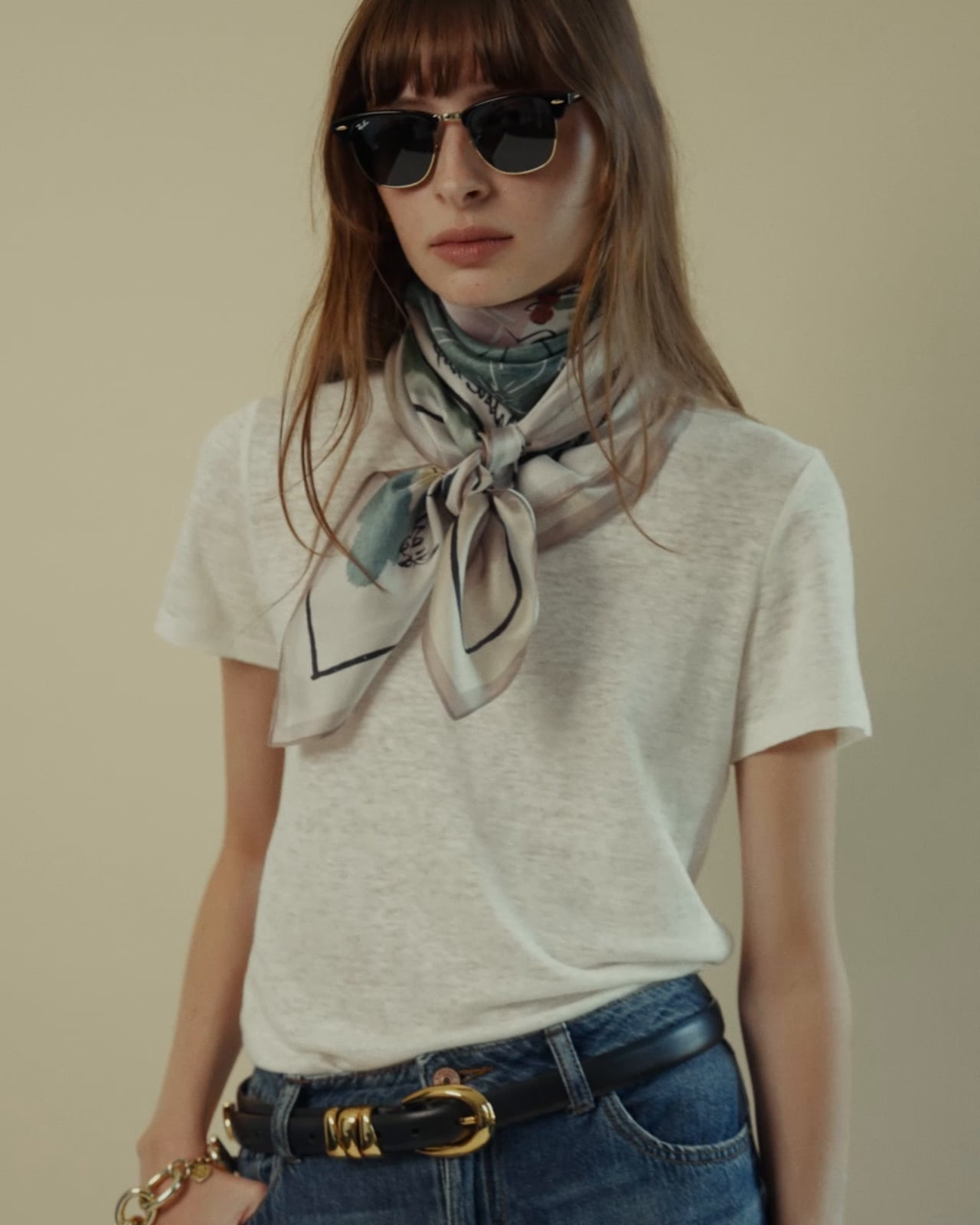 Printed Silk Scarf With Blue Jeans Printed Silk Scarf With Blue Jeans — Y2K Outfits