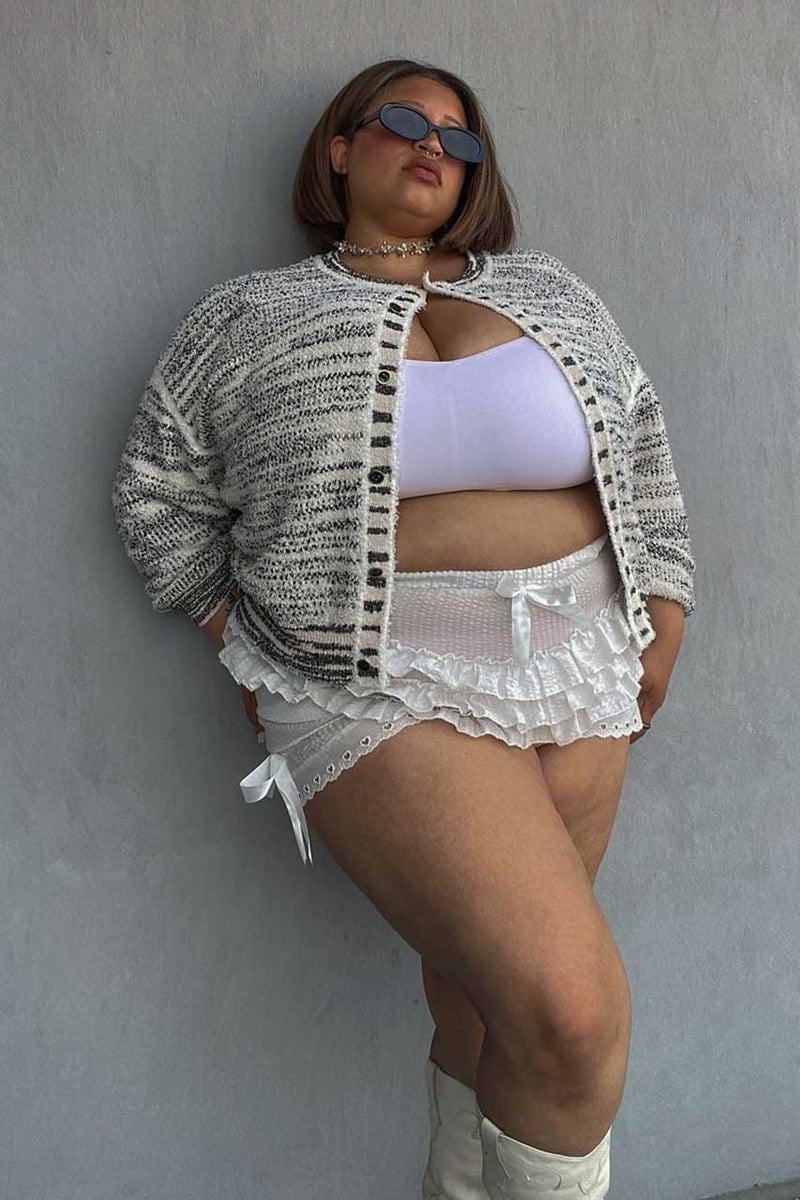 Knit Cardigan With Sheer Ruffled Shorts Knit Cardigan With Sheer Ruffled Shorts — Y2K Outfits
