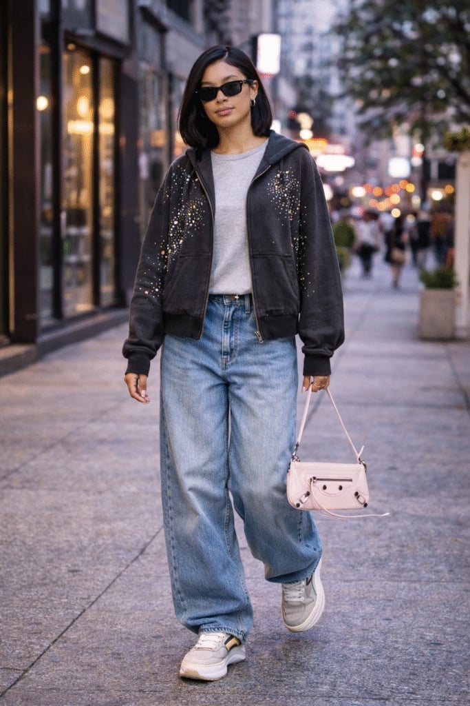 Studded Graphic Hoodie With Wide Leg Jeans Studded Graphic Hoodie With Wide Leg Jeans — Y2K Outfits