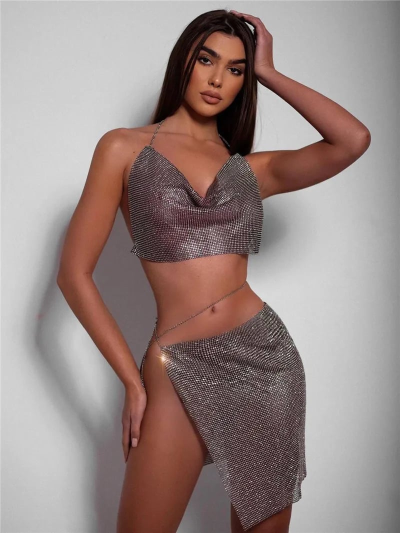 Silver Chainmail Halter Top and Mini Skirt Set Silver Chainmail Halter Top and Mini Skirt Set — Y2K Party Outfit