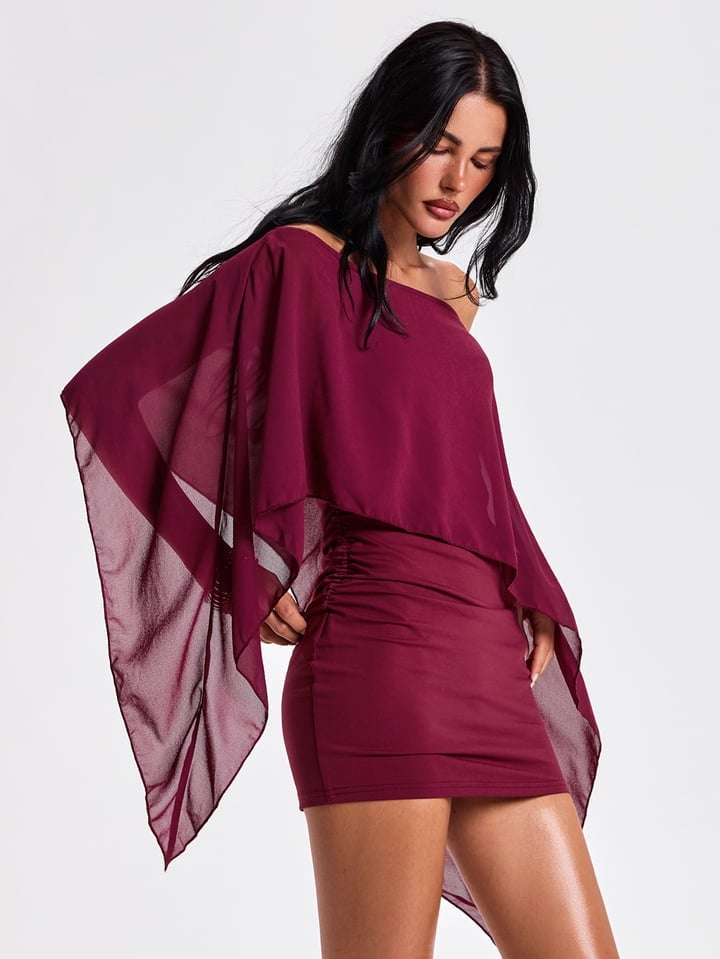Burgundy Asymmetrical Draped Mini Dress Burgundy Asymmetrical Draped Mini Dress — Y2K Party Outfit