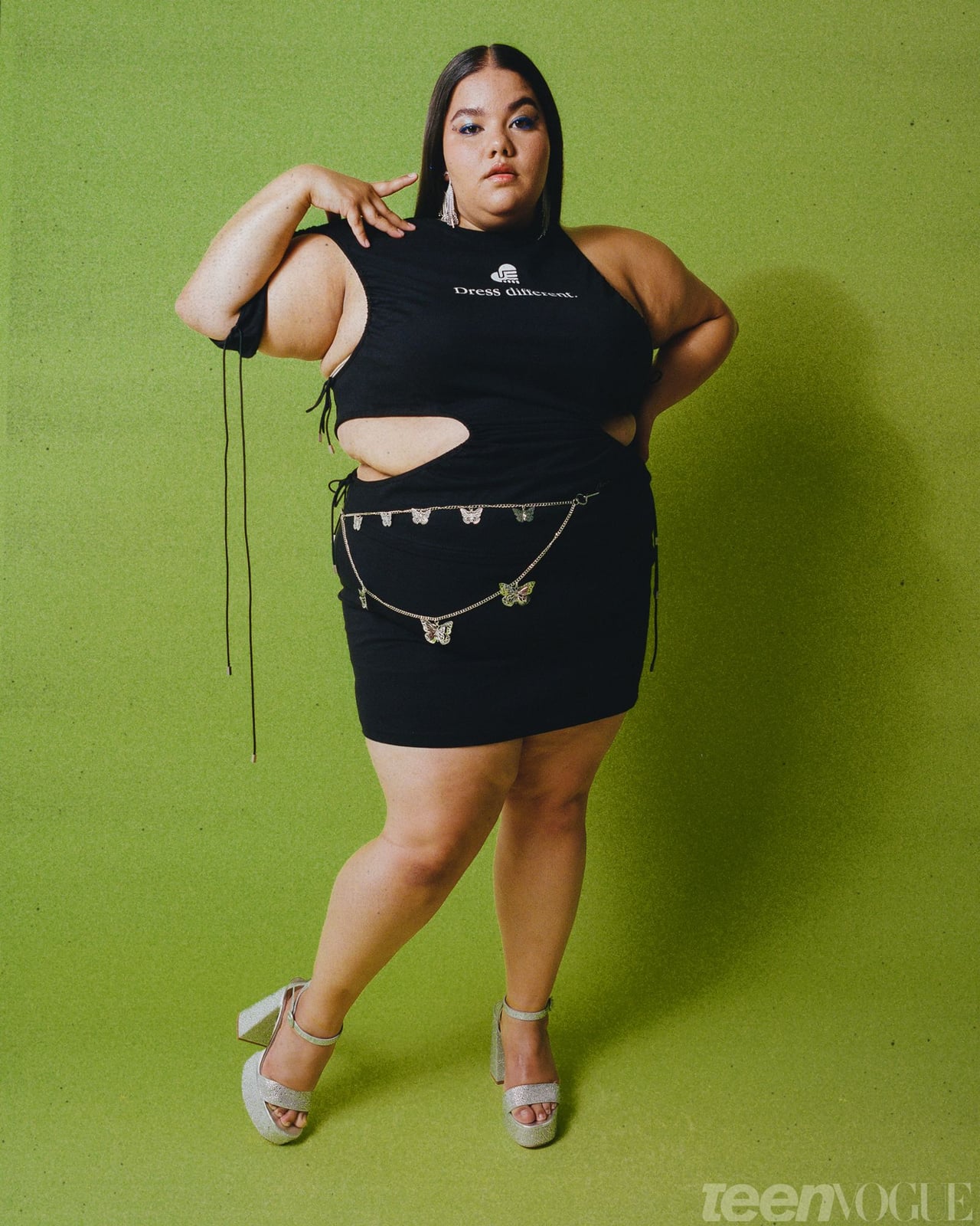 Black cutout mini dress with butterfly chain belt Black cutout mini dress with butterfly chain belt — Y2K Style