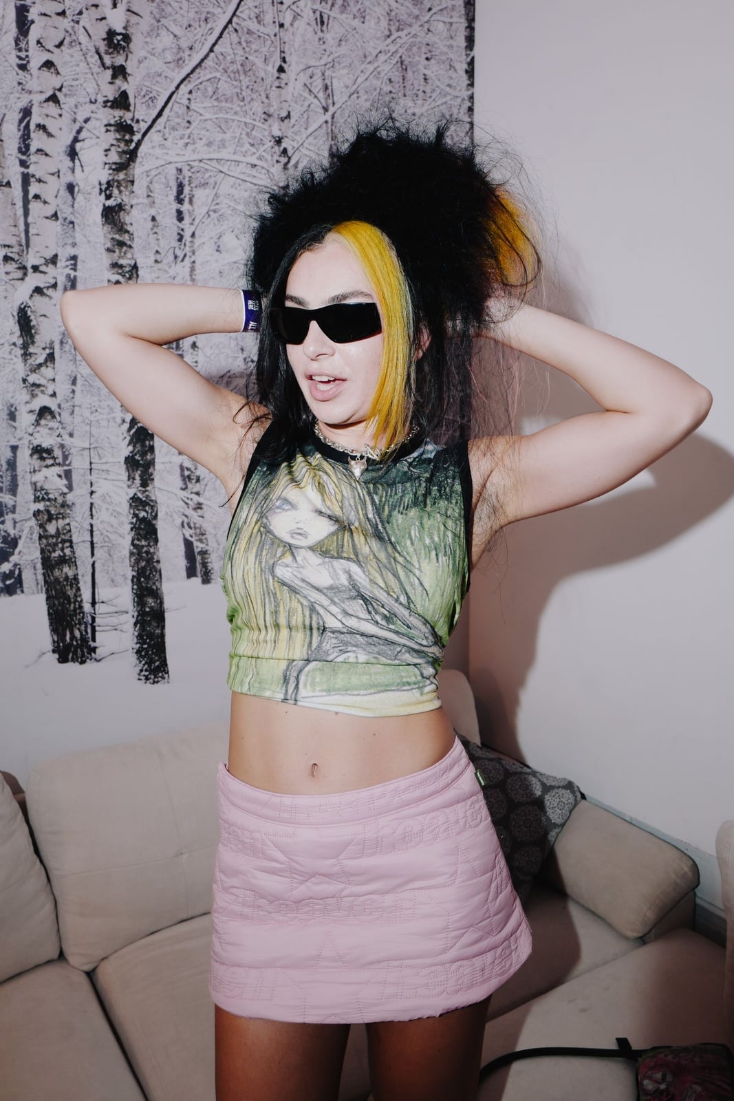 Graphic print crop top and pink quilted mini skirt Graphic print crop top and pink quilted mini skirt — Y2K Style