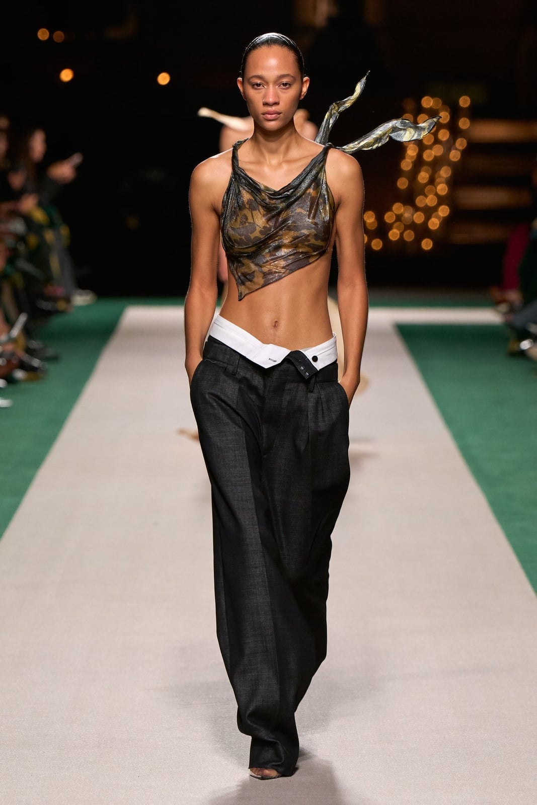 Sheer scarf top with dark gray low-rise baggy jeans Sheer scarf top with dark gray low-rise baggy jeans — Y2K Style