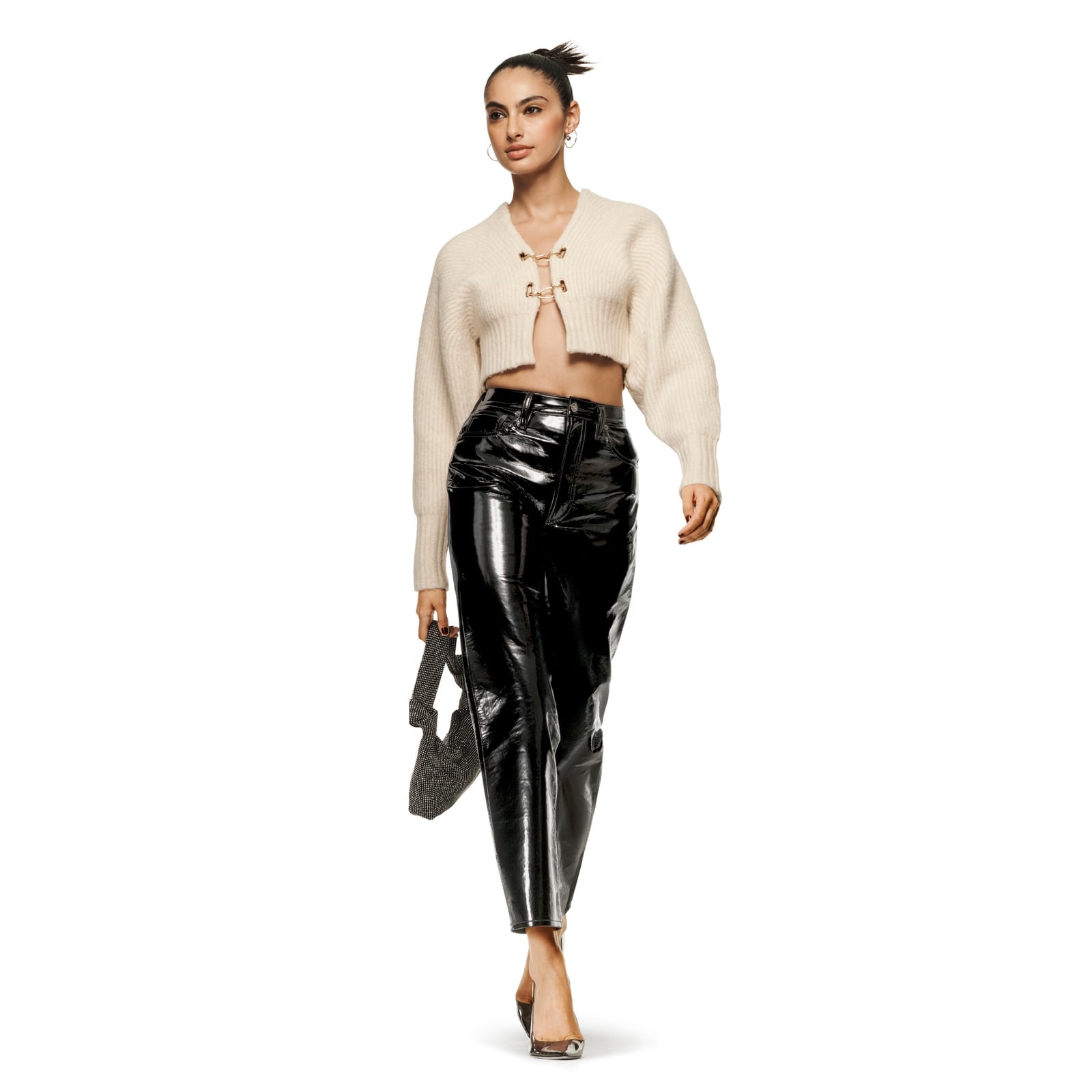 Cream knit cardigan over patent leather wide-leg pants Cream knit cardigan over patent leather wide-leg pants — Y2K Style