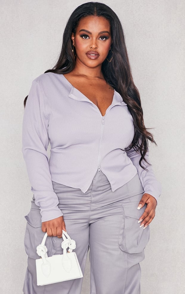 Lilac zip-up ribbed cardigan with gray cargo pants Lilac zip-up ribbed cardigan with gray cargo pants — Y2K Style