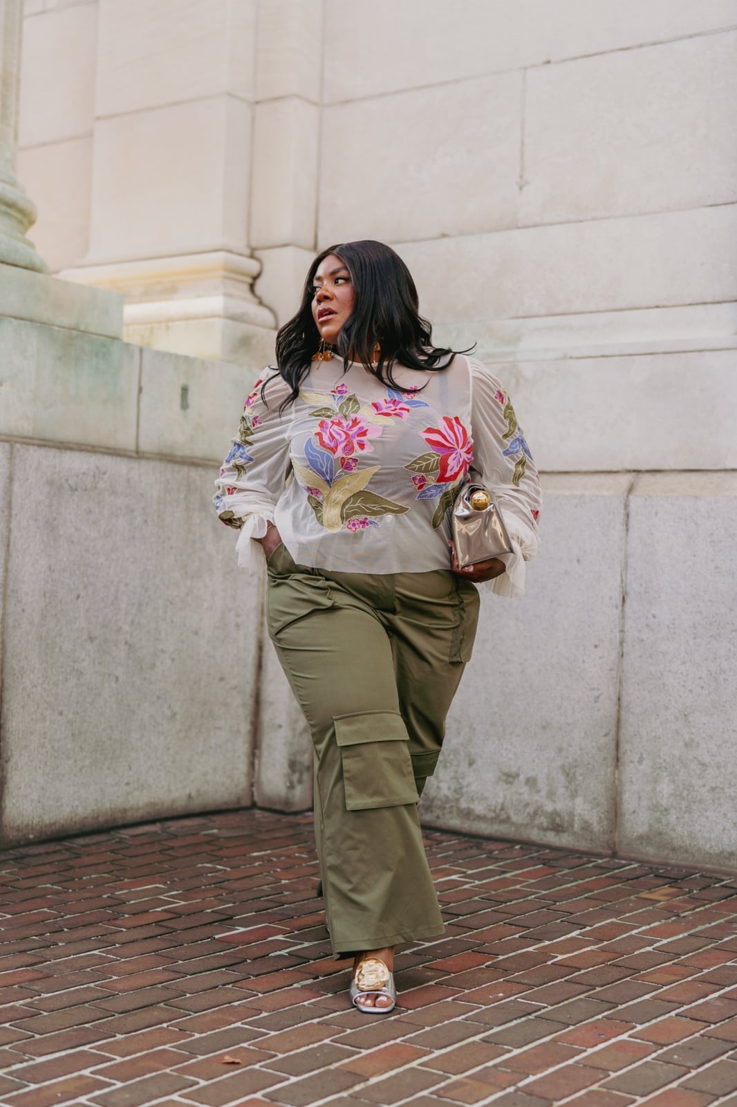 Sheer floral blouse with olive green wide-leg cargo pants Sheer floral blouse with olive green wide-leg cargo pants — Y2K Style