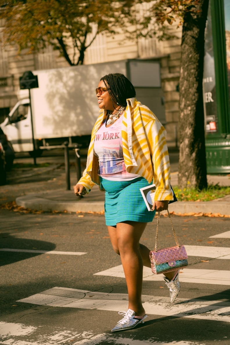 Graphic t-shirt under striped jacket and plaid mini skirt Graphic t-shirt under striped jacket and plaid mini skirt — Y2K Style