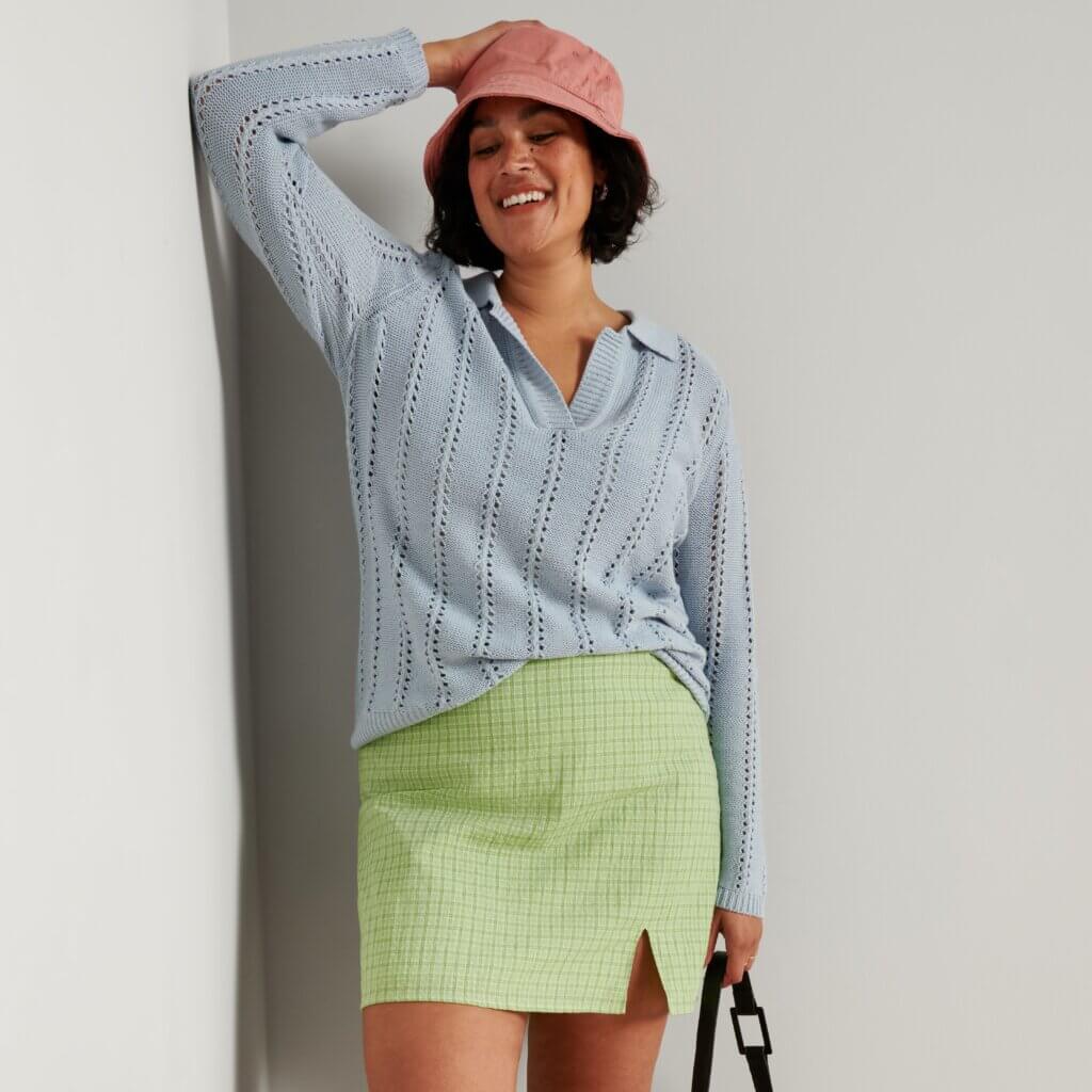 Light blue knit sweater and lime green plaid mini skirt Light blue knit sweater and lime green plaid mini skirt — Y2K Style