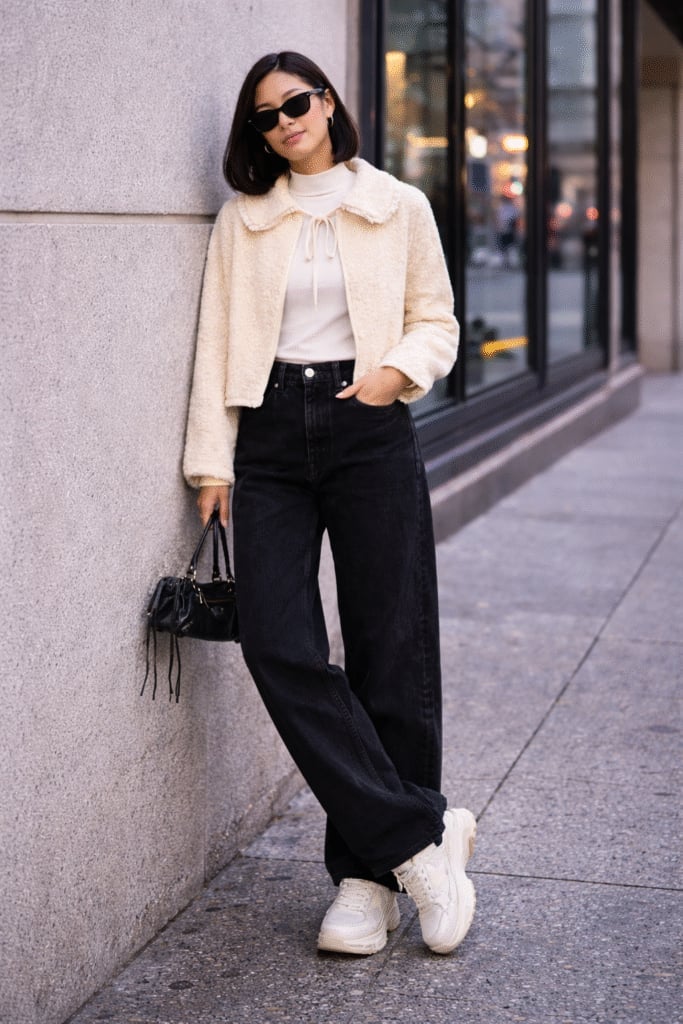 Cream teddy fleece jacket with baggy black jeans Cream teddy fleece jacket with baggy black jeans — Y2K Style