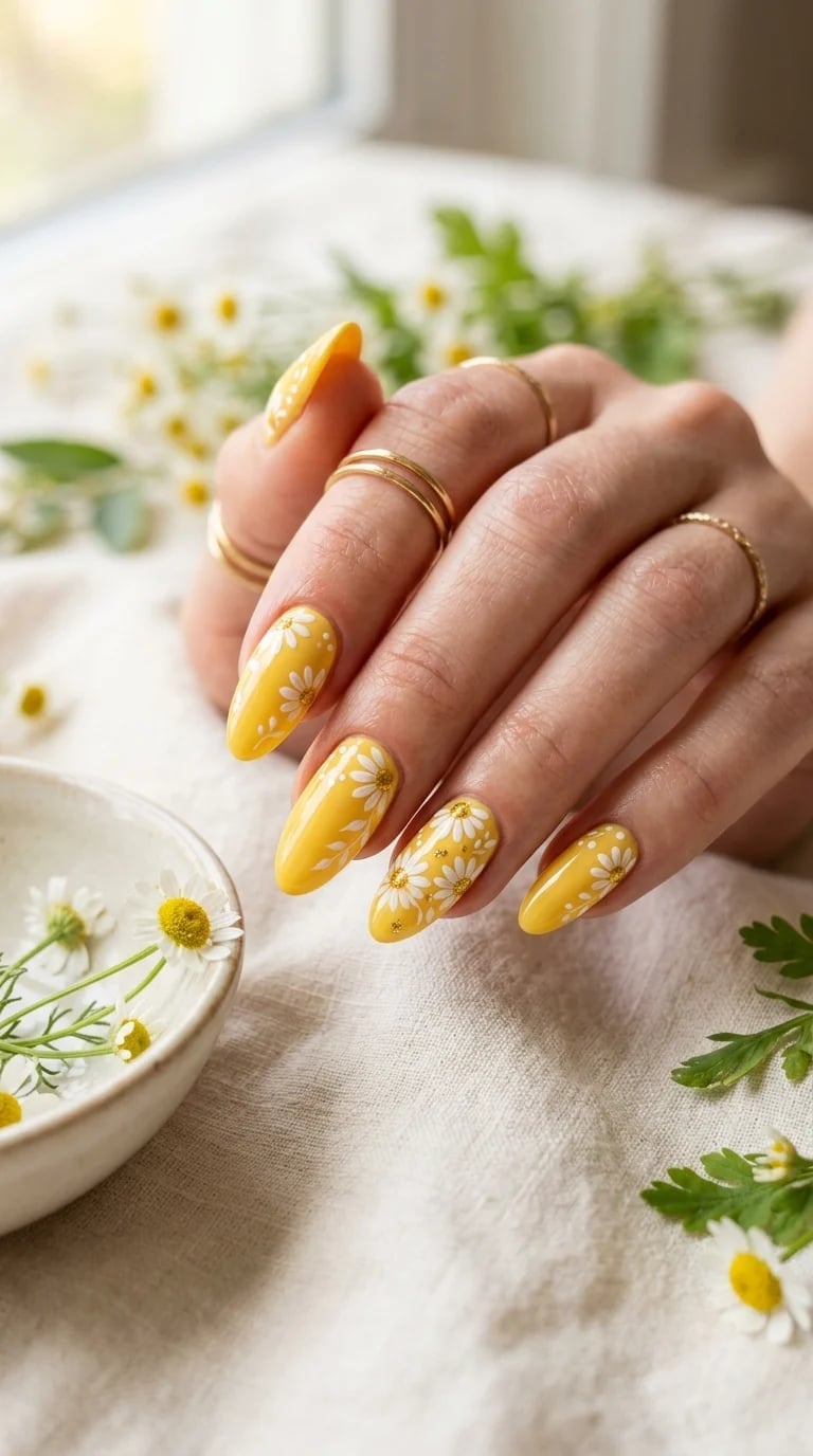 Yellow Floral Almond Nails With Gold Accents Yellow Floral Almond Nails With Gold Accents — Yellow Nails