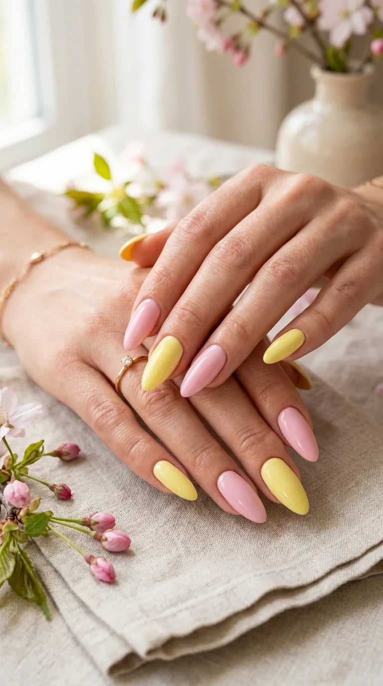 Alternating Pastel Pink and Yellow Almond Nails Alternating Pastel Pink and Yellow Almond Nails — Yellow Nails