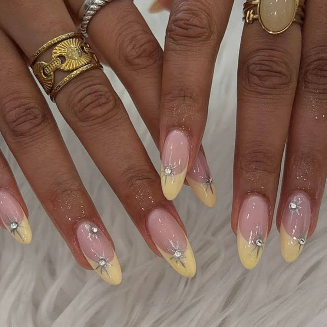 Yellow French Tips With Star Rhinestones Yellow French Tips With Star Rhinestones — Yellow Nails