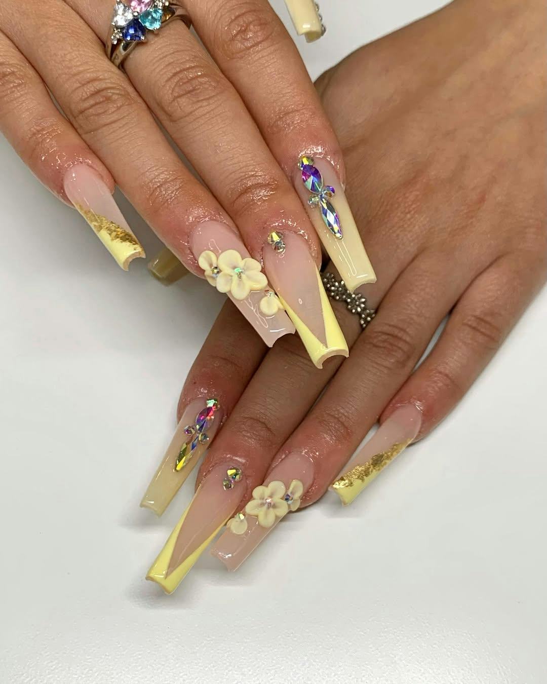 Yellow With White Flower Accents Yellow With White Flower Accents — Yellow Nails