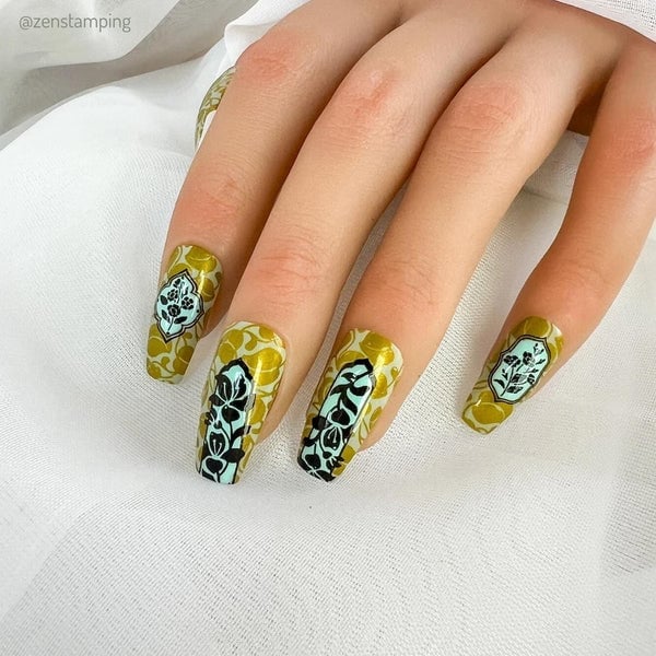 Mustard Yellow With Black Teal Pattern Mustard Yellow With Black Teal Pattern — Yellow Nails
