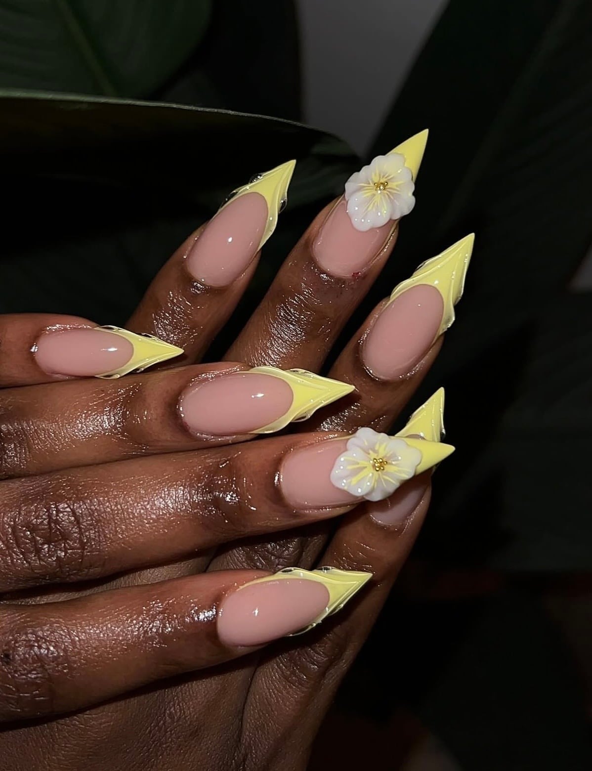 Sheer Pink With Yellow French Tips and 3D Flowers Sheer Pink With Yellow French Tips and 3D Flowers — Yellow Nails