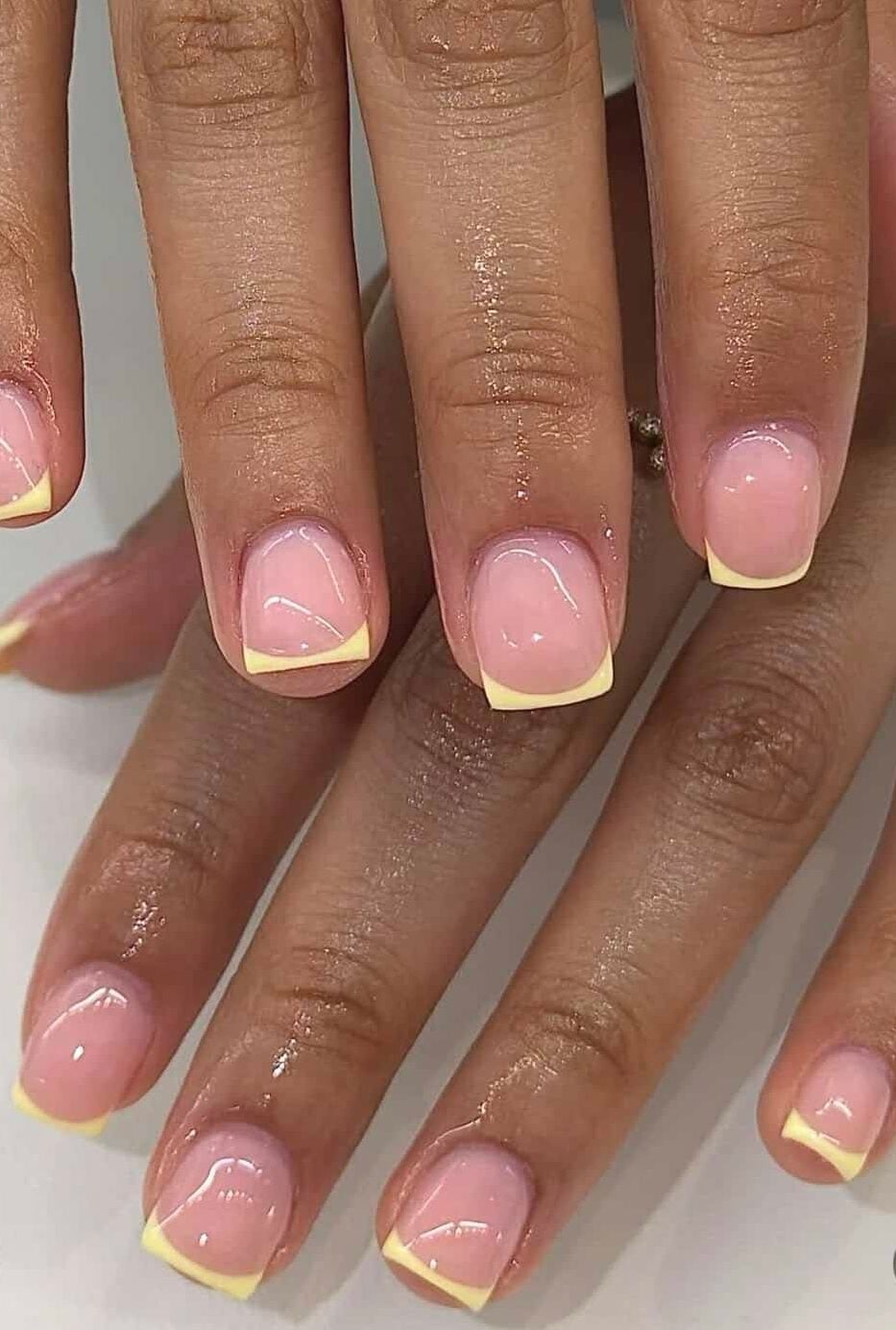 Sheer Pink With Pale Yellow French Tips Sheer Pink With Pale Yellow French Tips — Yellow Nails