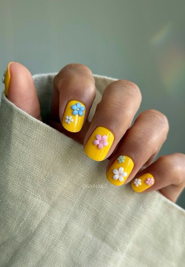 Vibrant Yellow With 3D Pastel Flowers Vibrant Yellow With 3D Pastel Flowers — Yellow Nails