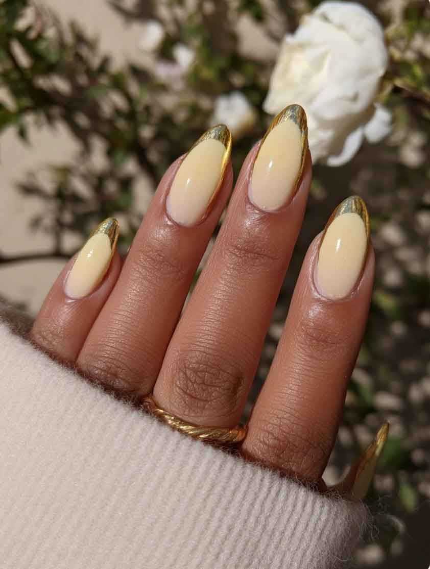 Pale Yellow With Gold French Tips Pale Yellow With Gold French Tips — Yellow Nails