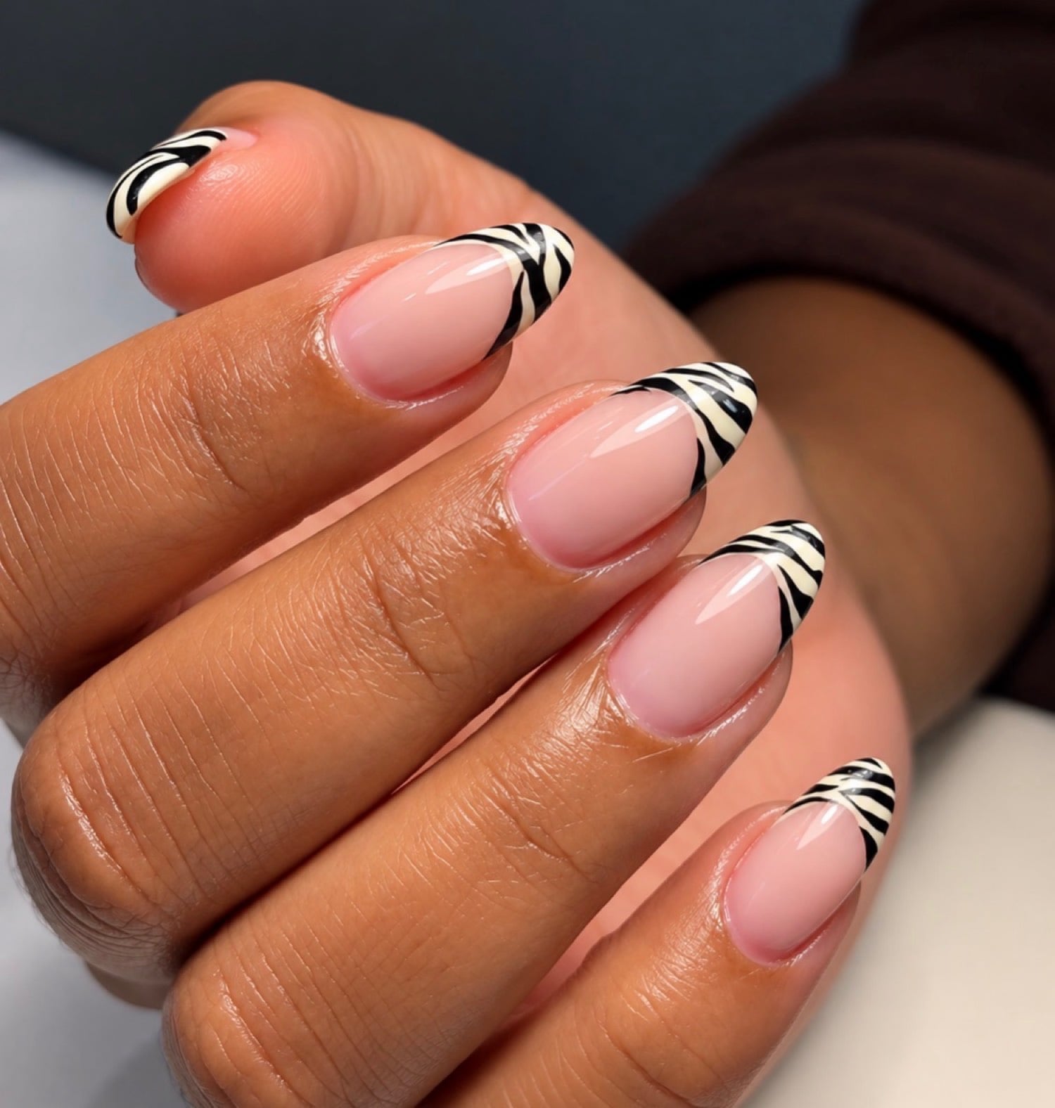 Medium Almond Zebra French Tip Nails, Glossy Medium Almond Zebra French Tip Nails, Glossy — Zebra Nails