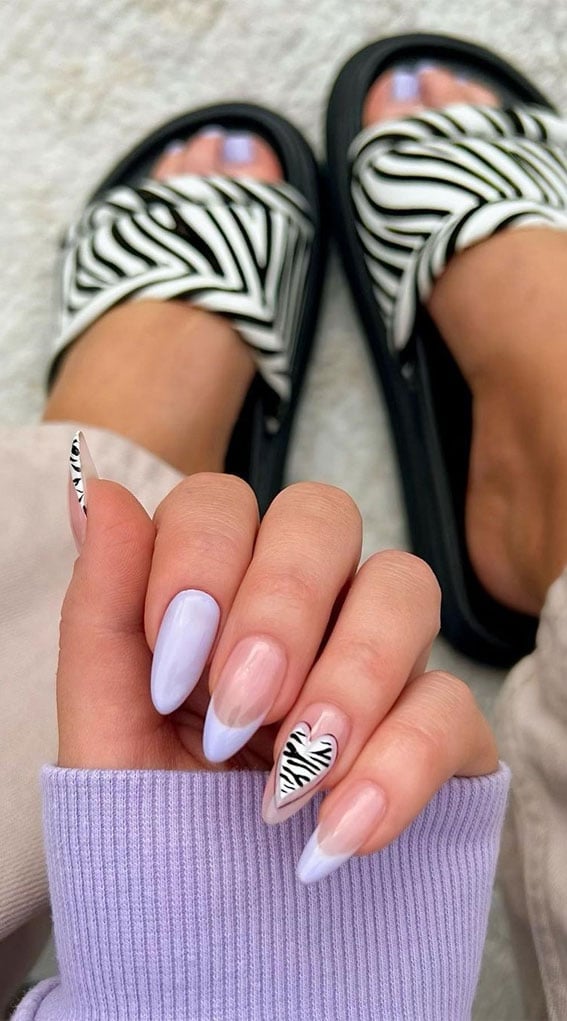 Medium Almond Pale Blue Tips with Zebra Accent Medium Almond Pale Blue Tips with Zebra Accent — Zebra Nails