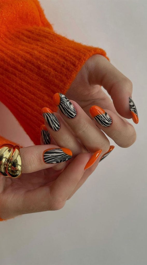 Medium Almond Bright Orange and Zebra Nails Medium Almond Bright Orange and Zebra Nails