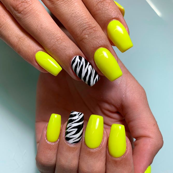 Short Coffin Neon Yellow with Zebra Accents Short Coffin Neon Yellow with Zebra Accents — Zebra Nails