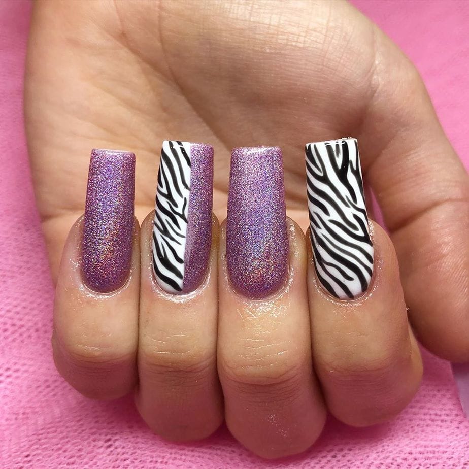 Long Coffin Glitter Purple Zebra Accent Nails Long Coffin Glitter Purple Zebra Accent Nails — Zebra Nails