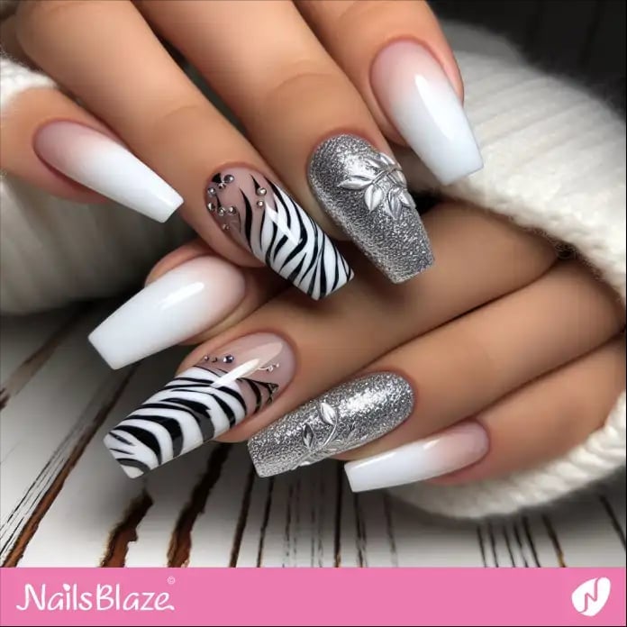 Long Coffin White Ombre Zebra Print Nails Long Coffin White Ombre Zebra Print Nails