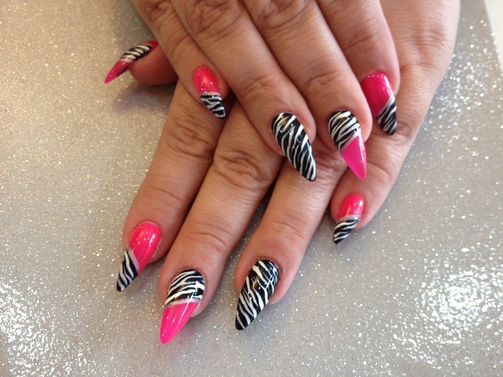 Long Stiletto Hot Pink and Zebra Print Nails Long Stiletto Hot Pink and Zebra Print Nails
